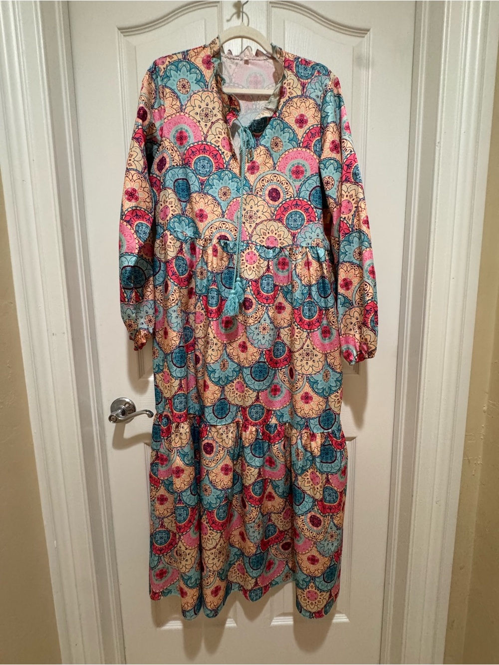 Boho Medallion Print Maxi Dress XXL Tassel Tie Tiered Long Sleeve Cottagecore